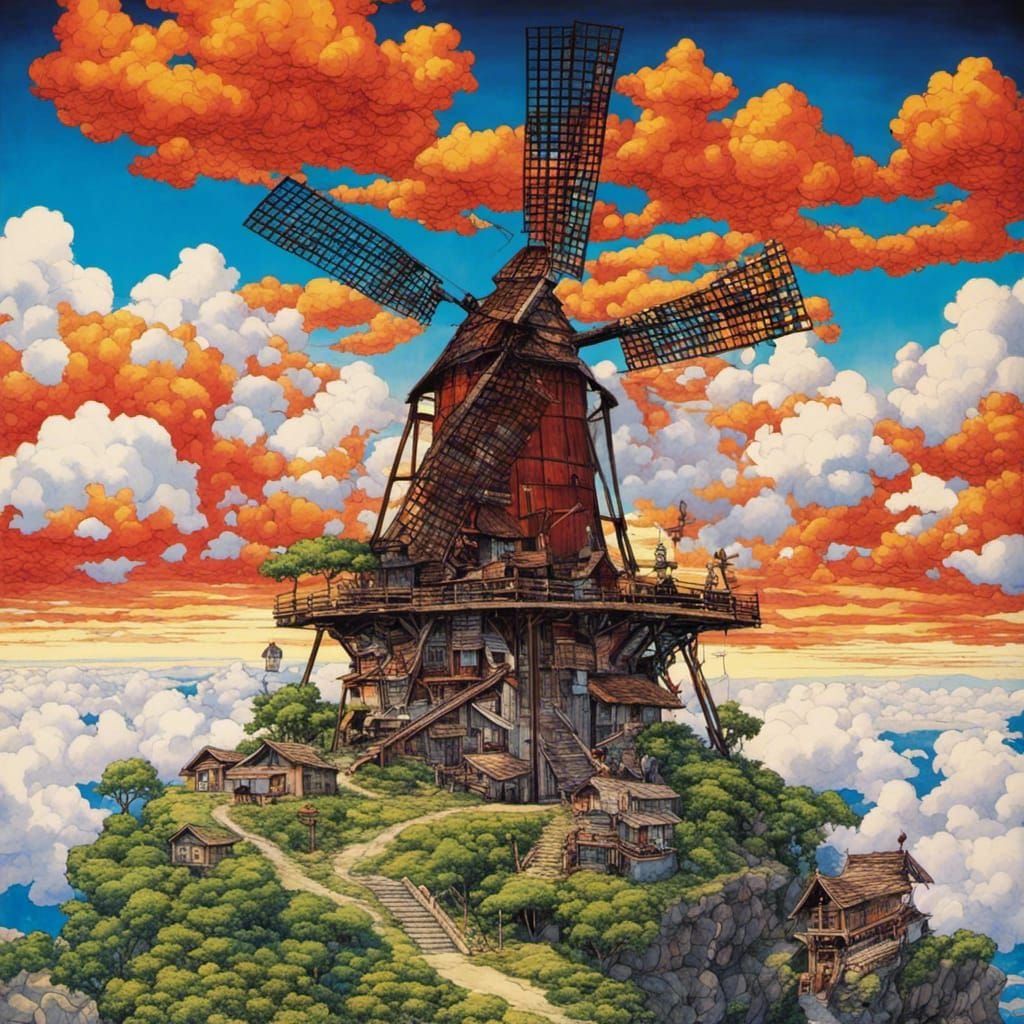 Floating City Windmill in Surreal Style