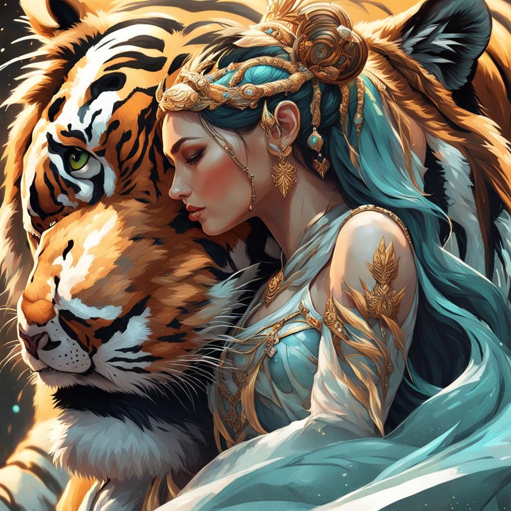 Queen Rides Tiger with Baby: Art Nouveau Portrait