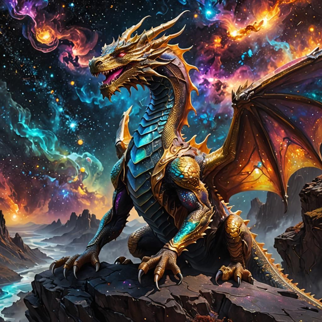 Galaxy Dragon on Cliff in Sci-Fi Art