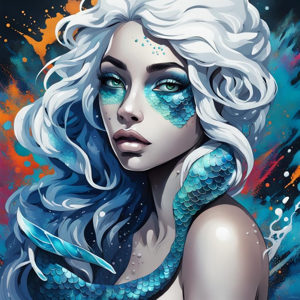 Metallic Blue Mermaid in Graffiti Splash Art
