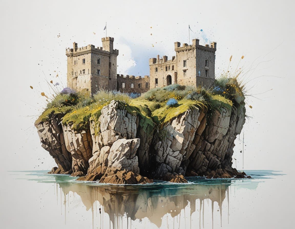 Clifftop Castle Overlooking Irish Bay in Watercolour Style