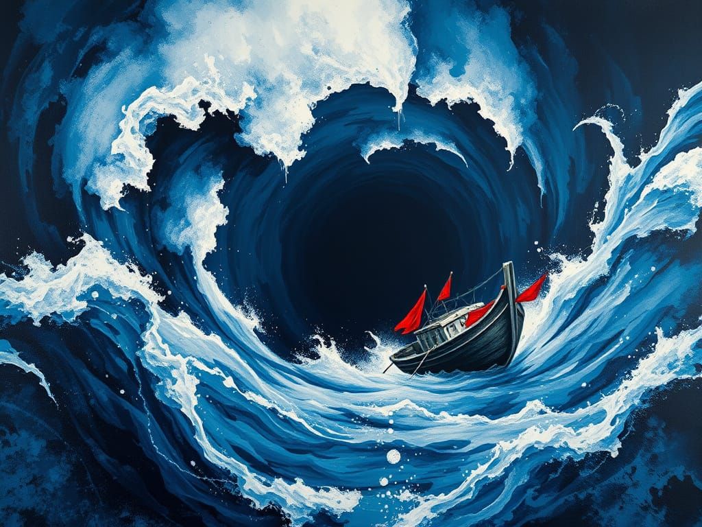 Ink Painting of Rushing Waters Vortex Sinking Fishing Boat