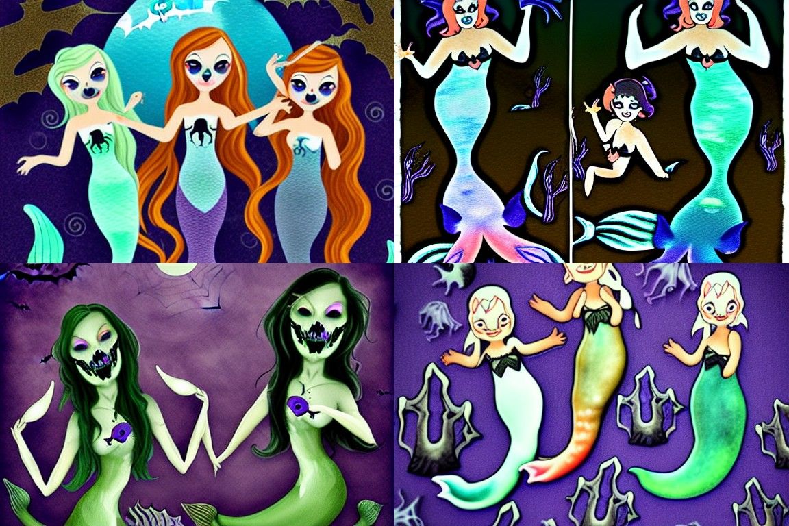 Spooky Halloween Mermaids in Eerie Underwater Scene