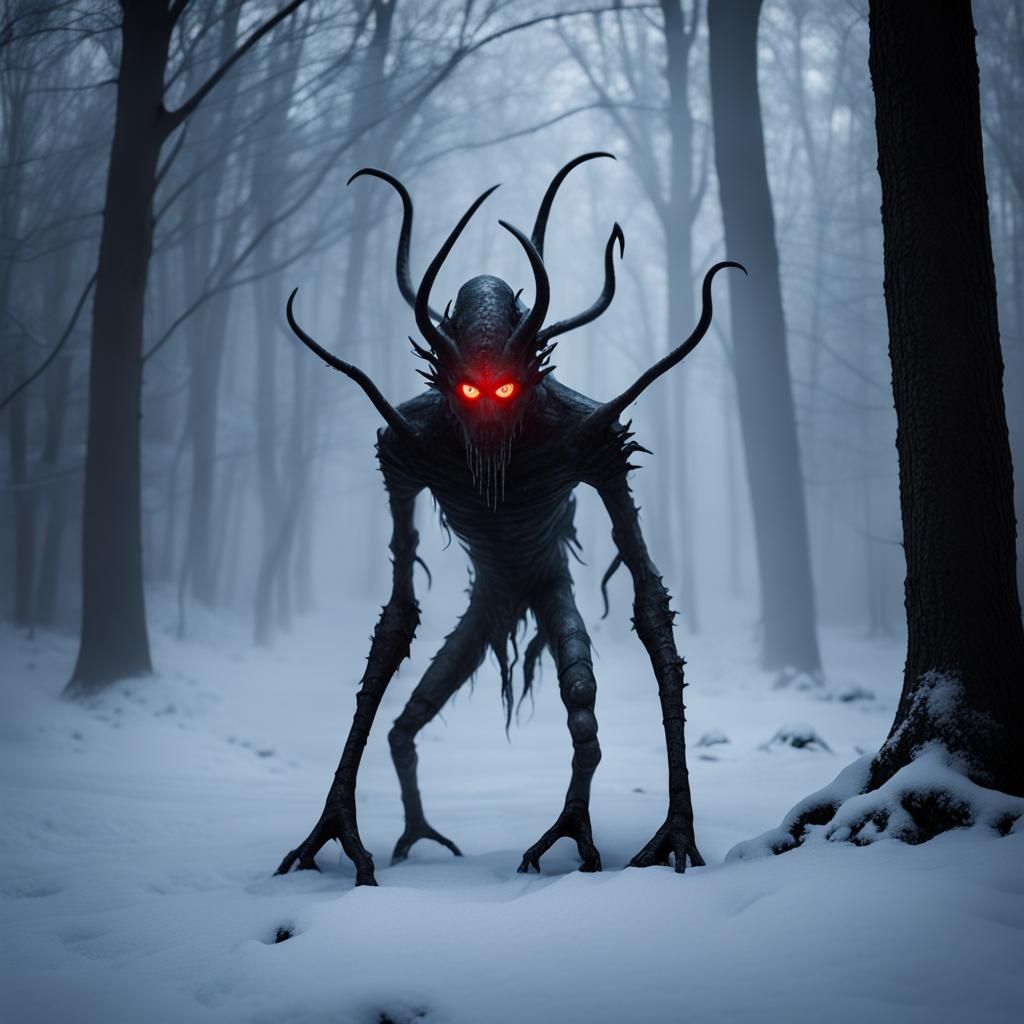 Lovecraftian Ice Fiend in Winter Forest