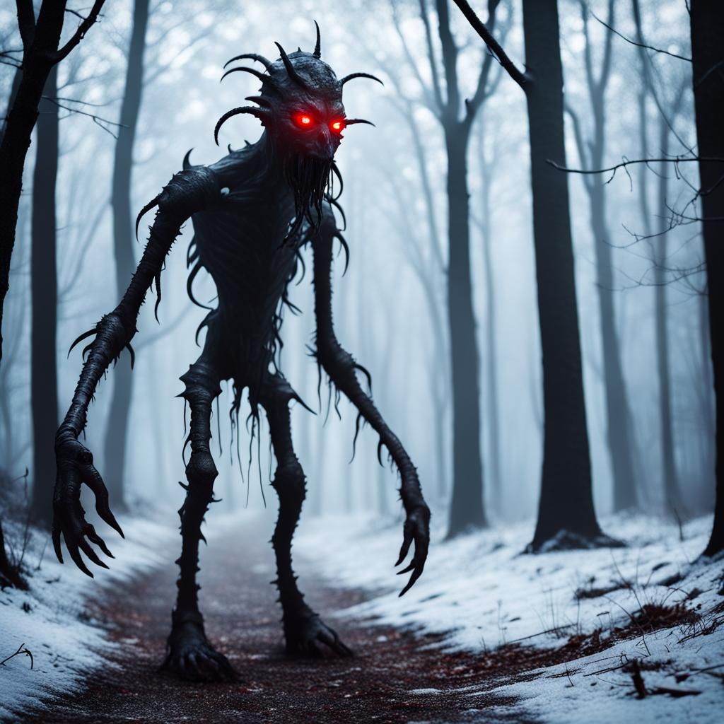 Lovecraftian Ice Fiend in a Foggy Forest