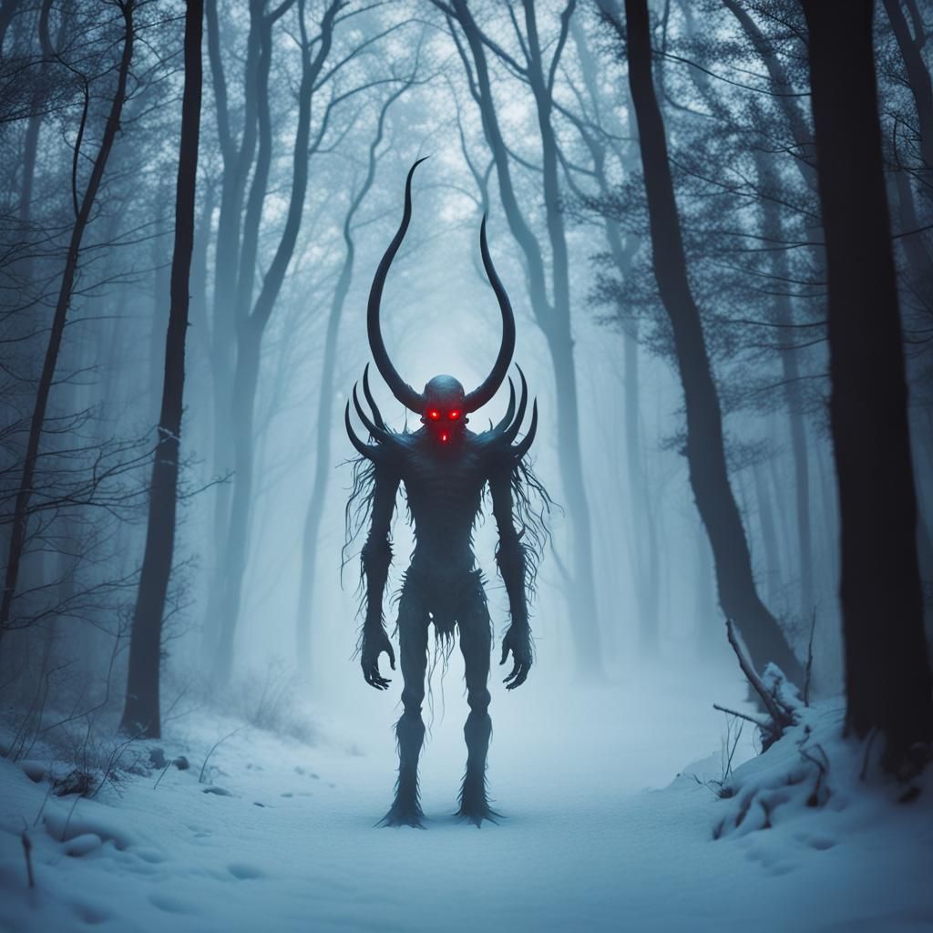 Lovecraftian Ice Fiend in Foggy Winter Forest