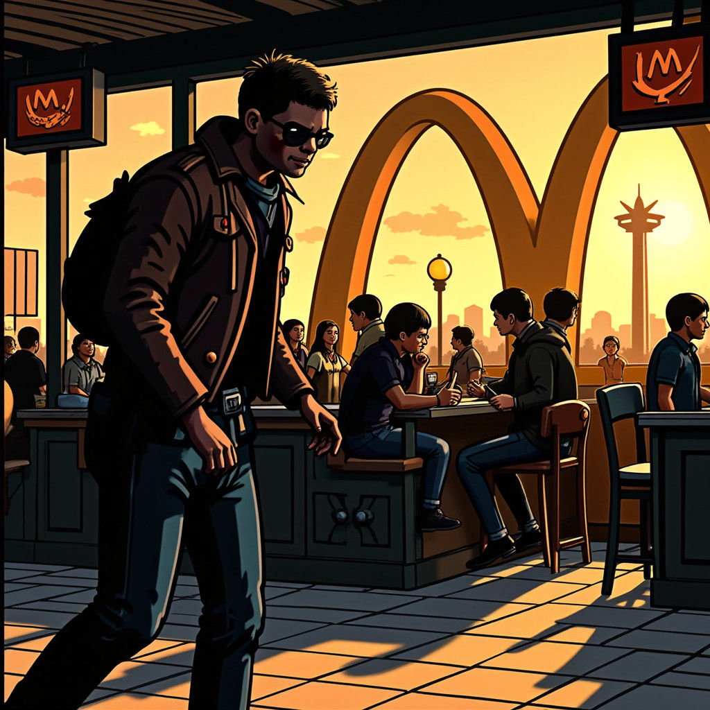Thief Lurking at McDonald's in Gritty Futurism
