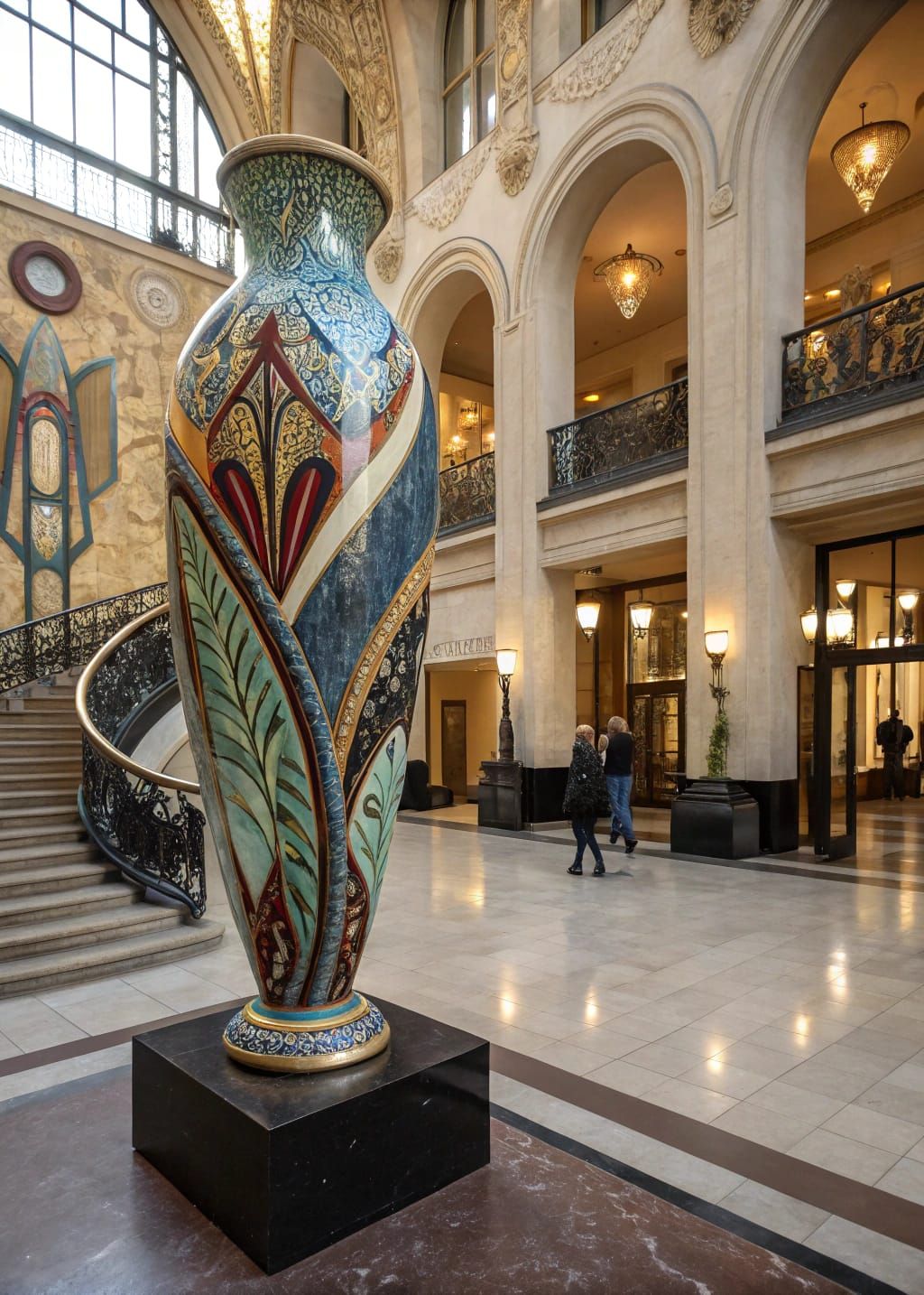 Hyper-Realistic Art Deco Sculpture in Opulent Museum Setting
