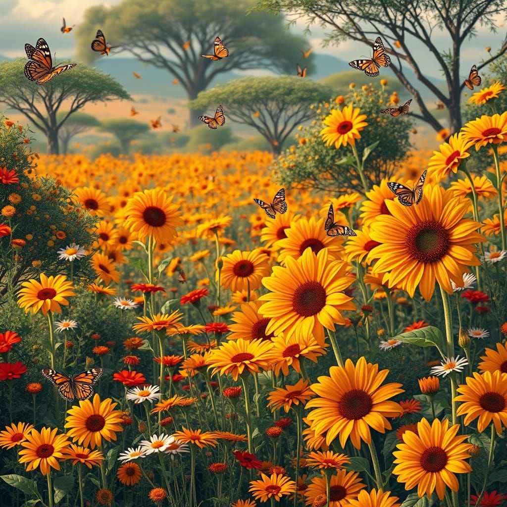 African Savannah with Sunflowers and Butterflies