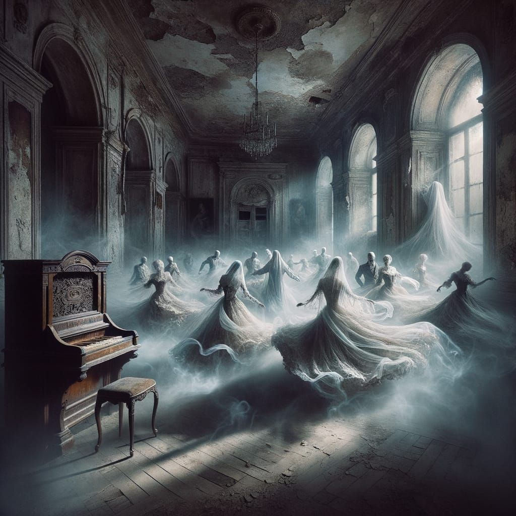 Ethereal Ghosts Waltz in a Crumbling Victorian Ballroom