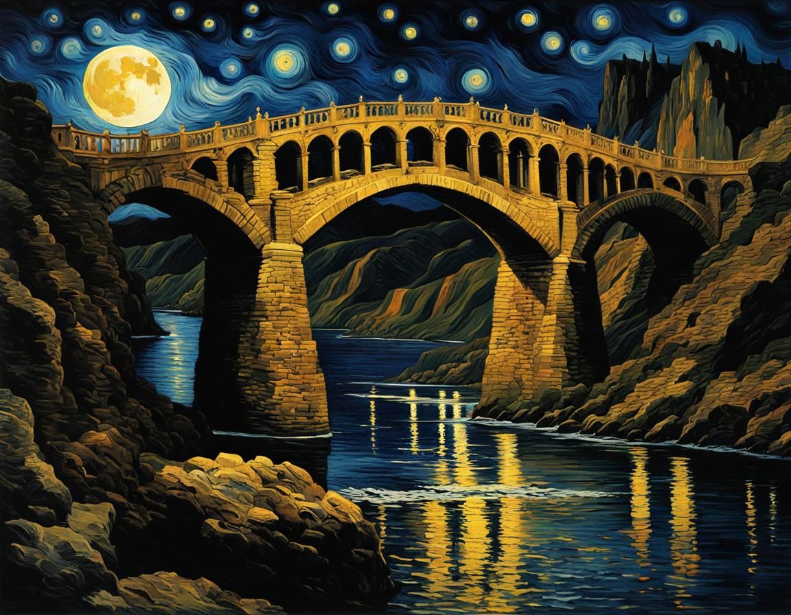 Gothic Bridge Under Starry Skies: A Van Gogh Inspired Painti...