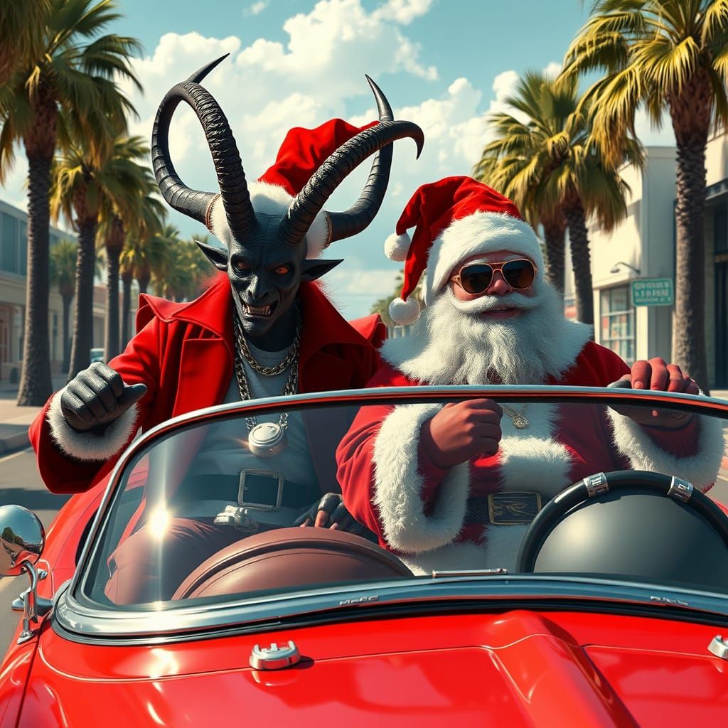Krampus and Santa Cruise in Vintage Convertible