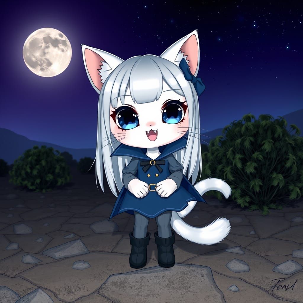 Adorable Vampire Catgirl in a Dark, Misty Night Scene