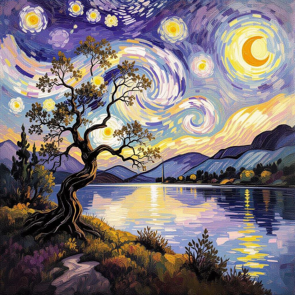 Ancient Tree Under Swirling Pastel Sky in Impasto Style