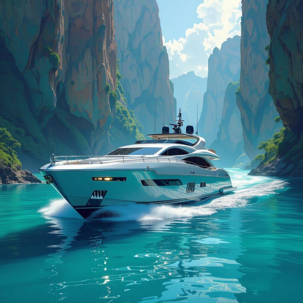 Opulent Yacht on Turquoise River in Matte Painting Style