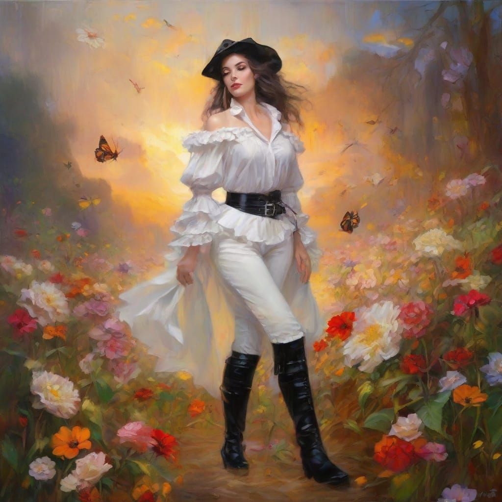 Surreal Woman in Pirate Outfit, Fantasy Landscape
