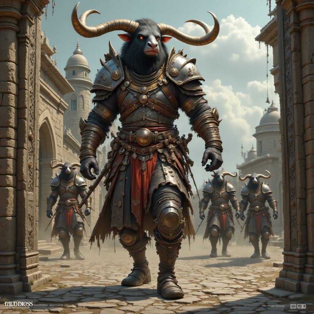 Theriocephalic Minotaur Warriors Defend Castle Entrance