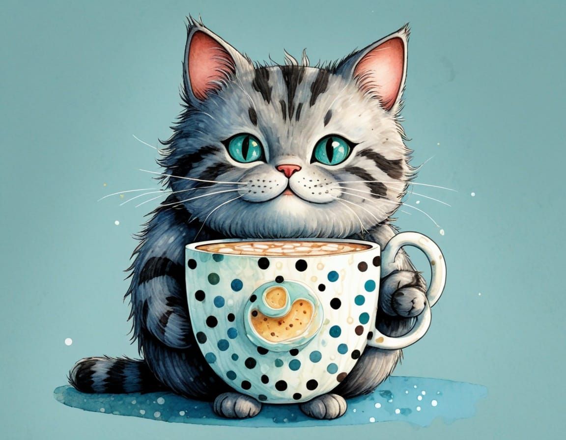 Polka Dot Cat with Cocoa, Dr. Seuss Illustration