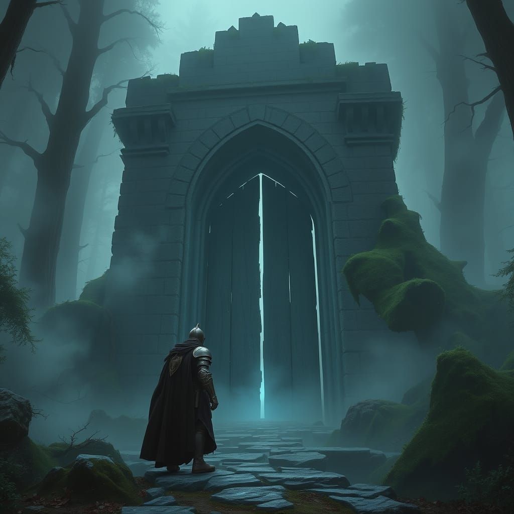 Knight at Arcane Gate in Dark Fantasy Forest