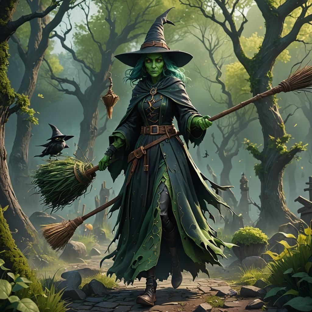 Green-Skinned Witch with Broom, Detailed Matte Painting