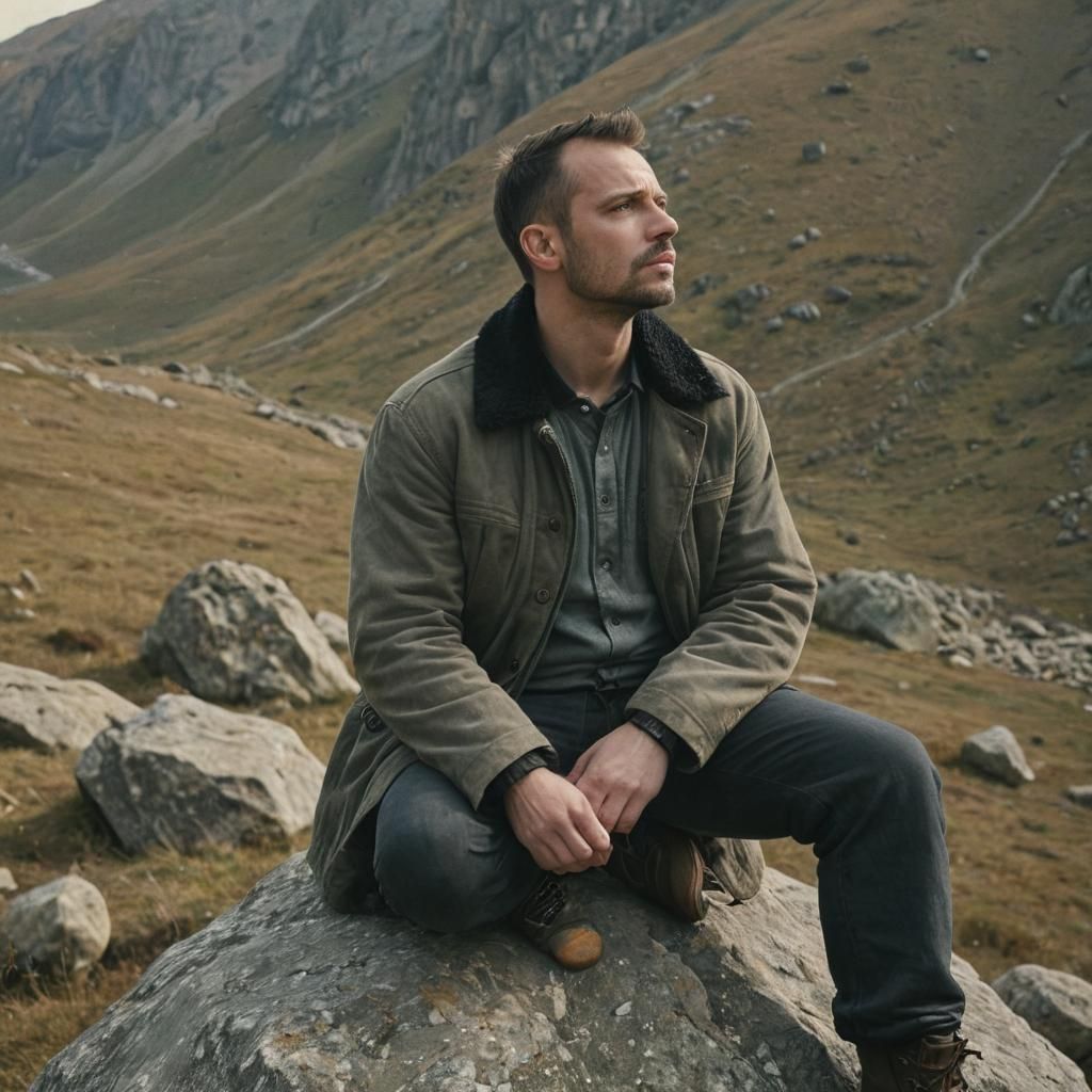 Contemplative Man in Mountain Landscape: Photorealistic Port...