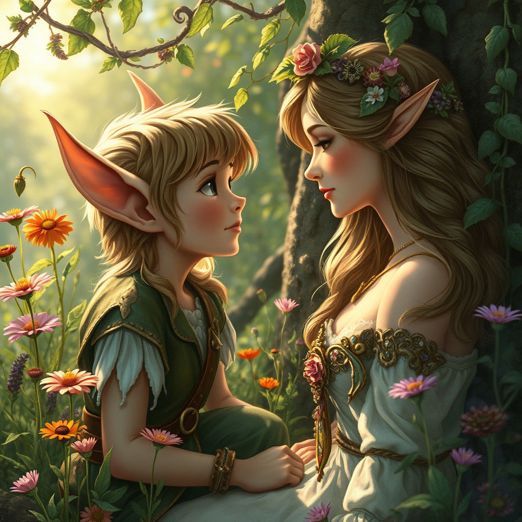 Enchanted Elf Gazing at Maiden in Whimsical Style