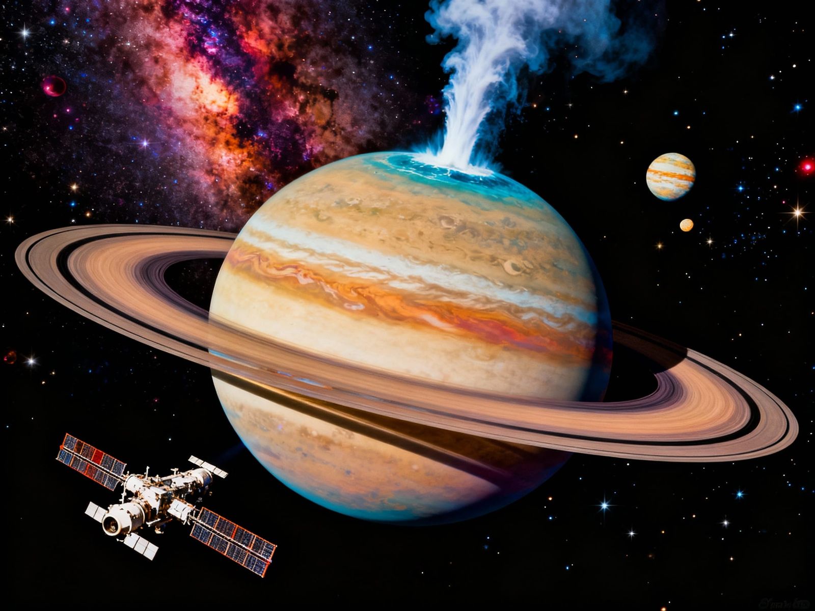 Jupiter's Water Moon With Geyser, Space Station, and Rings