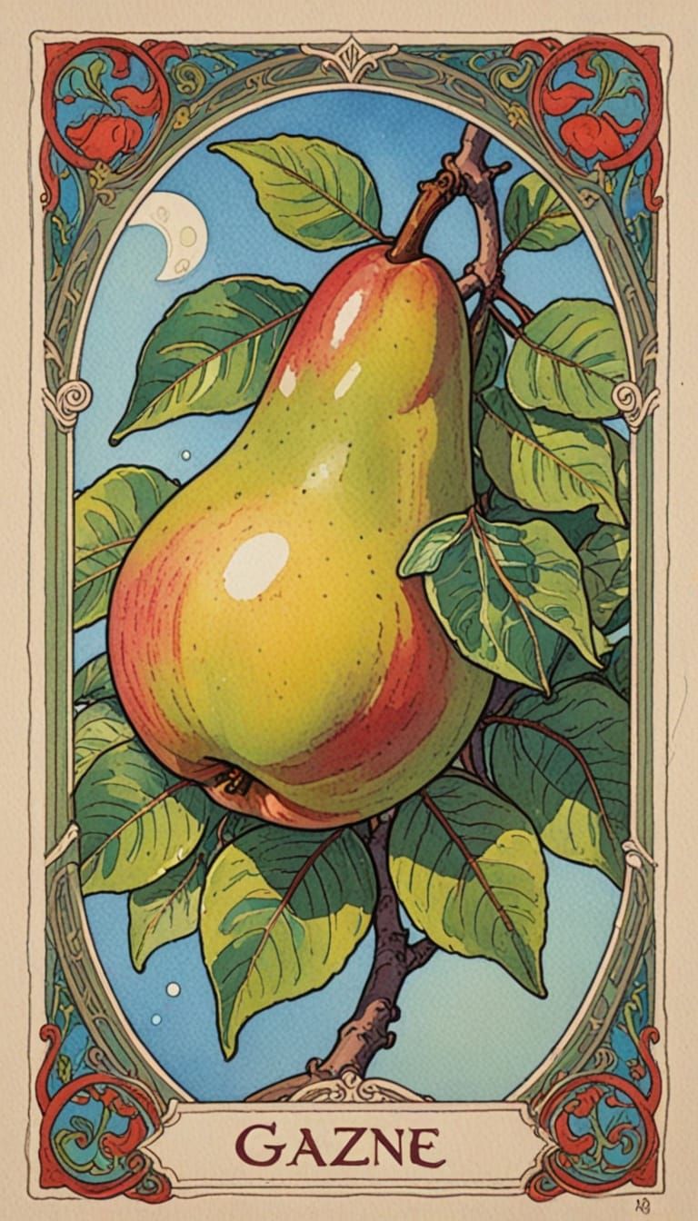 Art Nouveau Tarot Card With Red Anjou Pear