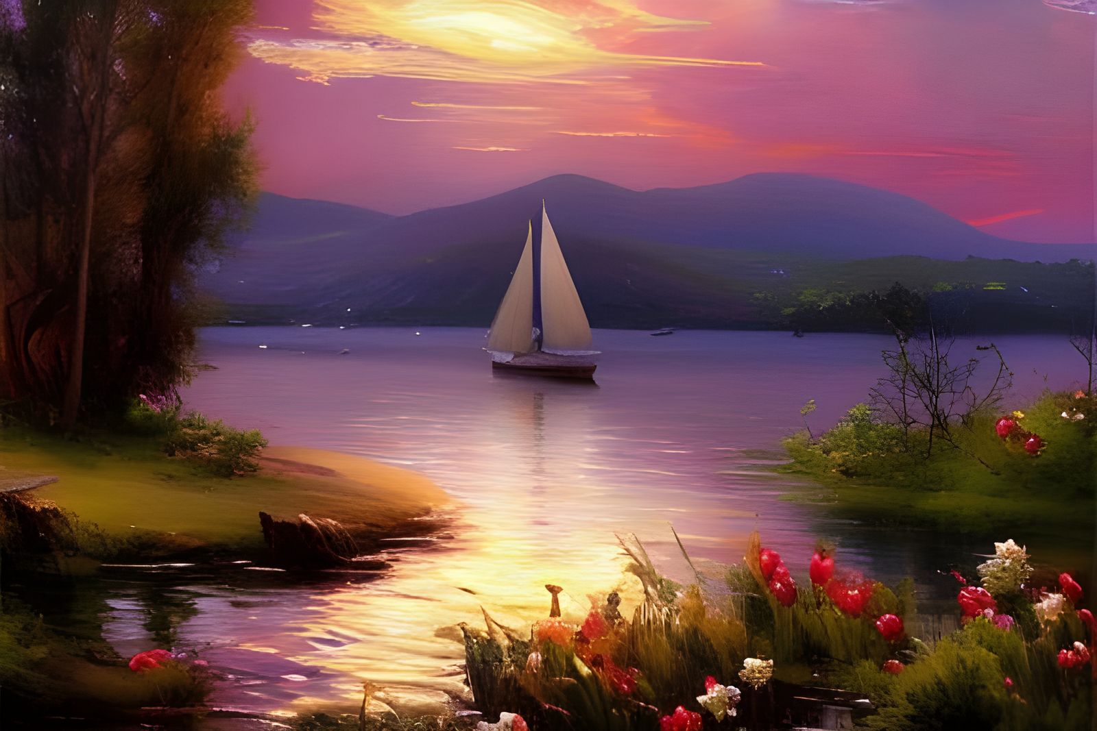 Sailboat on Lake at Sunset: Detailed Oil Painting