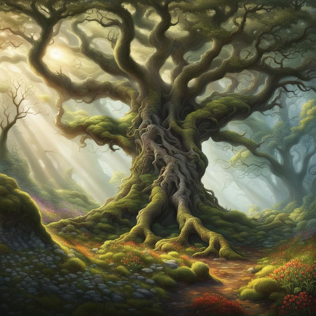 Mystical Tree in Surrealist Ecosystem