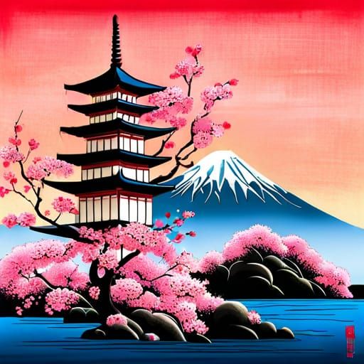 Cherry Blossom Temple in Ukiyo-e Style