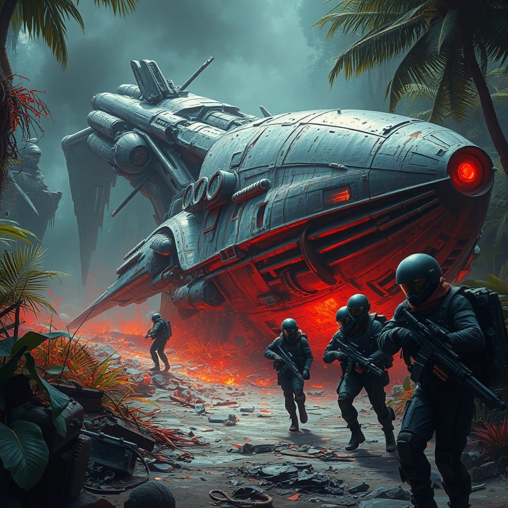 Gritty Jungle Crash Site in Futuristic Style