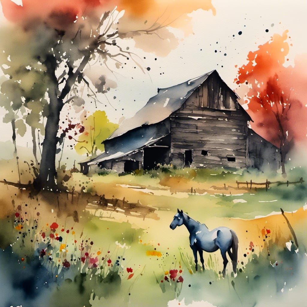 Watercolor Rural Field with Barn and Grazing Horses