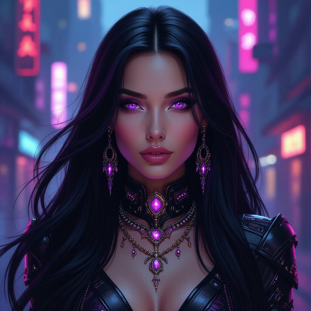 Cyberpunk Woman with Purple Eyes and Futuristic Jewelry