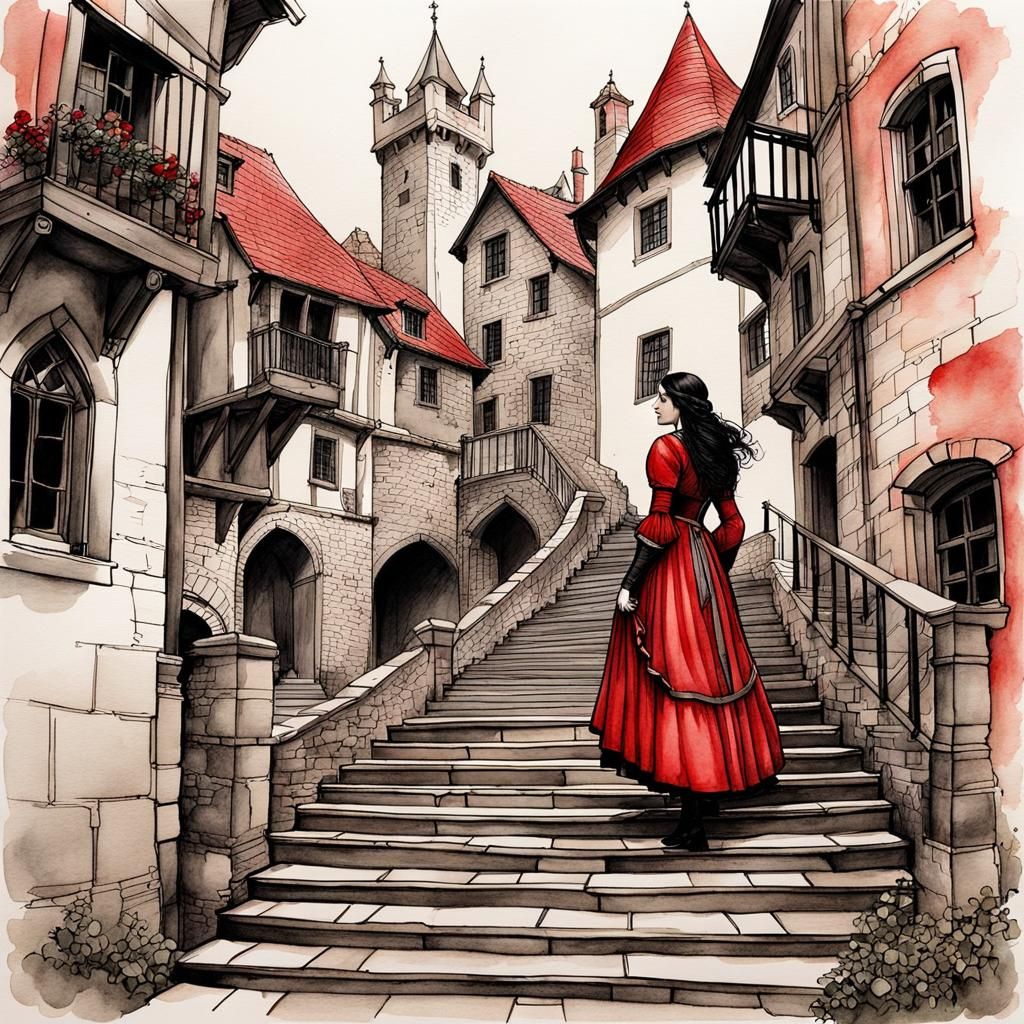 Medieval Girl on Stairs in Watercolor Illustration