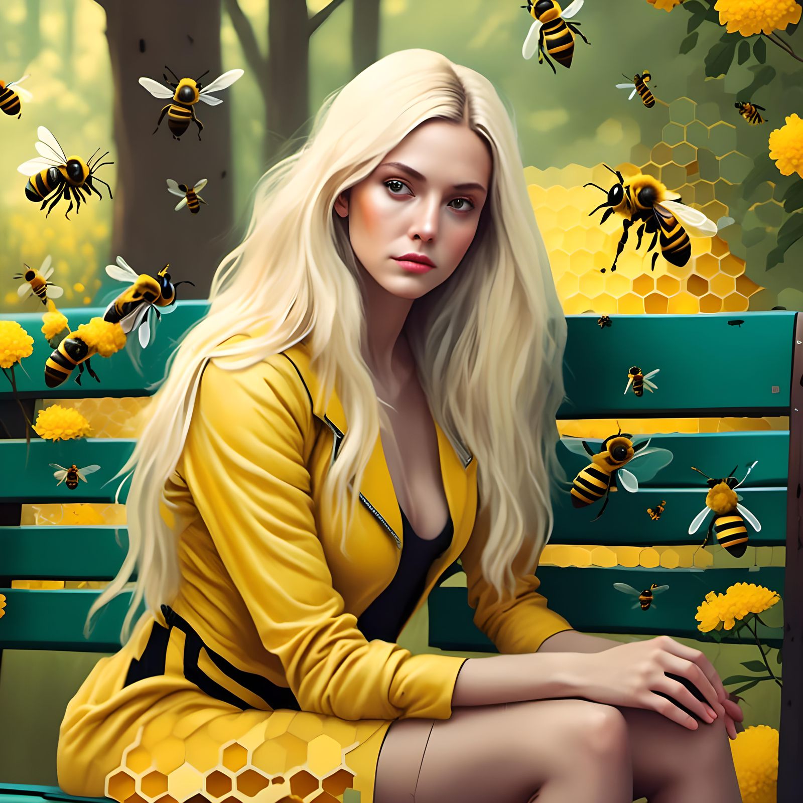 Wasp Woman on Park Bench in Cinematic Style