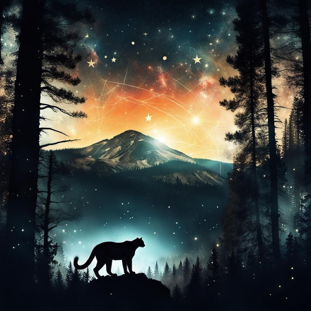 Sunset Cougar Silhouette with Stars and Galaxies