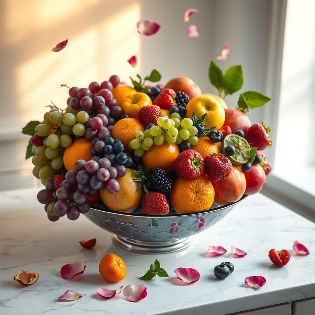 Hyperrealistic Fruit Bowl with Rose Petals