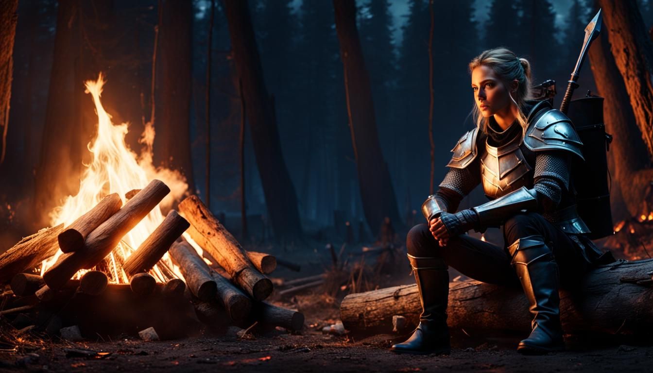 Mielikki in Dark Armor at Night Campfire