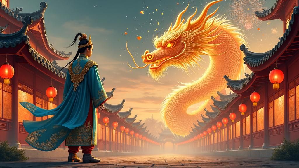 Chinese Man and Dragon in Traditional Village Scene