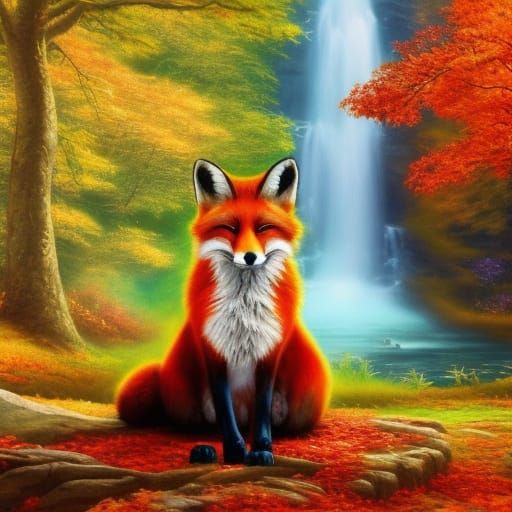 Fox in Autumn Woods with Sapphire Waterfall