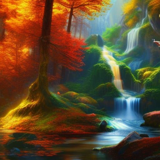 Fox in Autumn Woods with Sapphire Waterfall