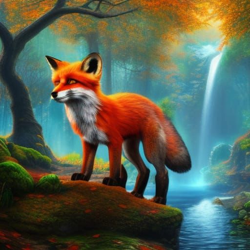 Realistic Fox in Autumn Woods with Waterfall