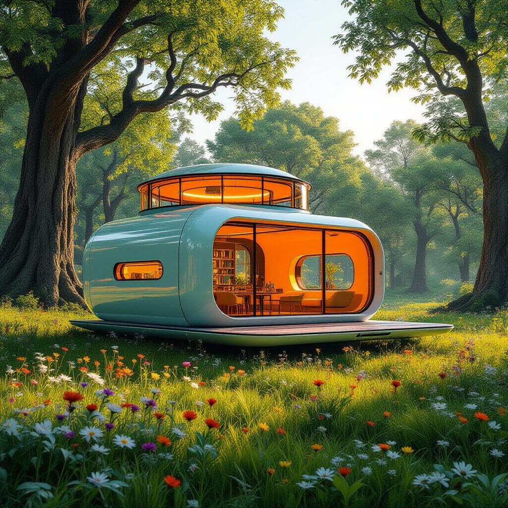 Laptop House in Emerald Meadow: Matte Painting Style