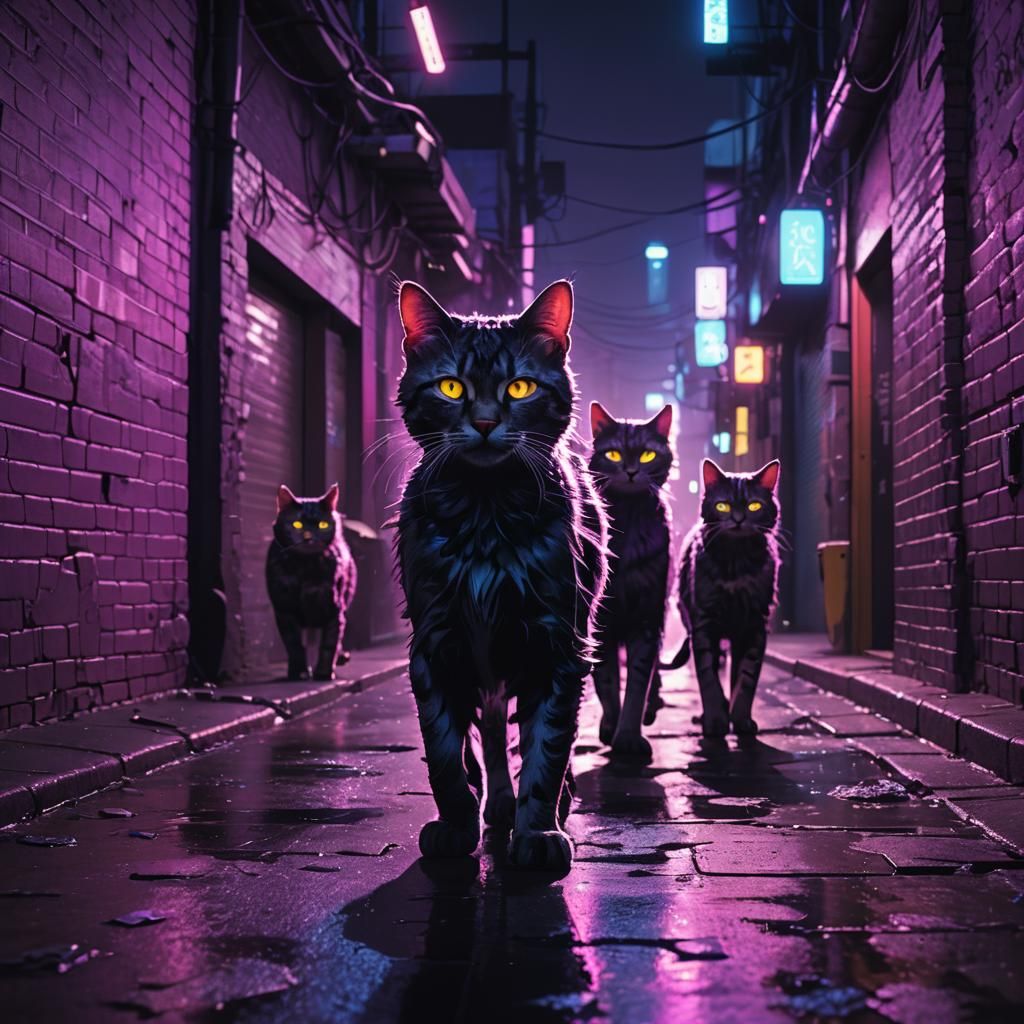 Neon Alley Cats in Cyberpunk Style