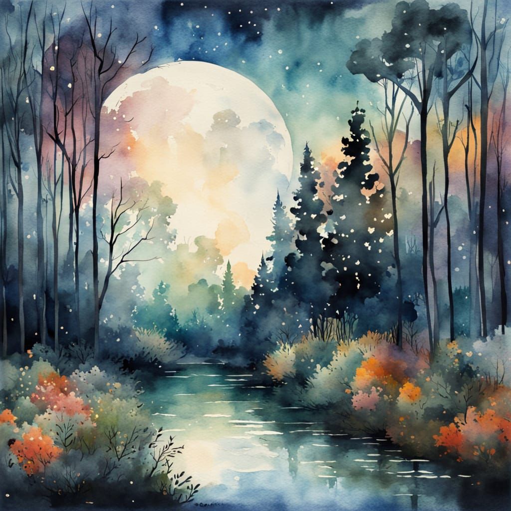 Moonlit Forest: A Whimsical Watercolor Impression