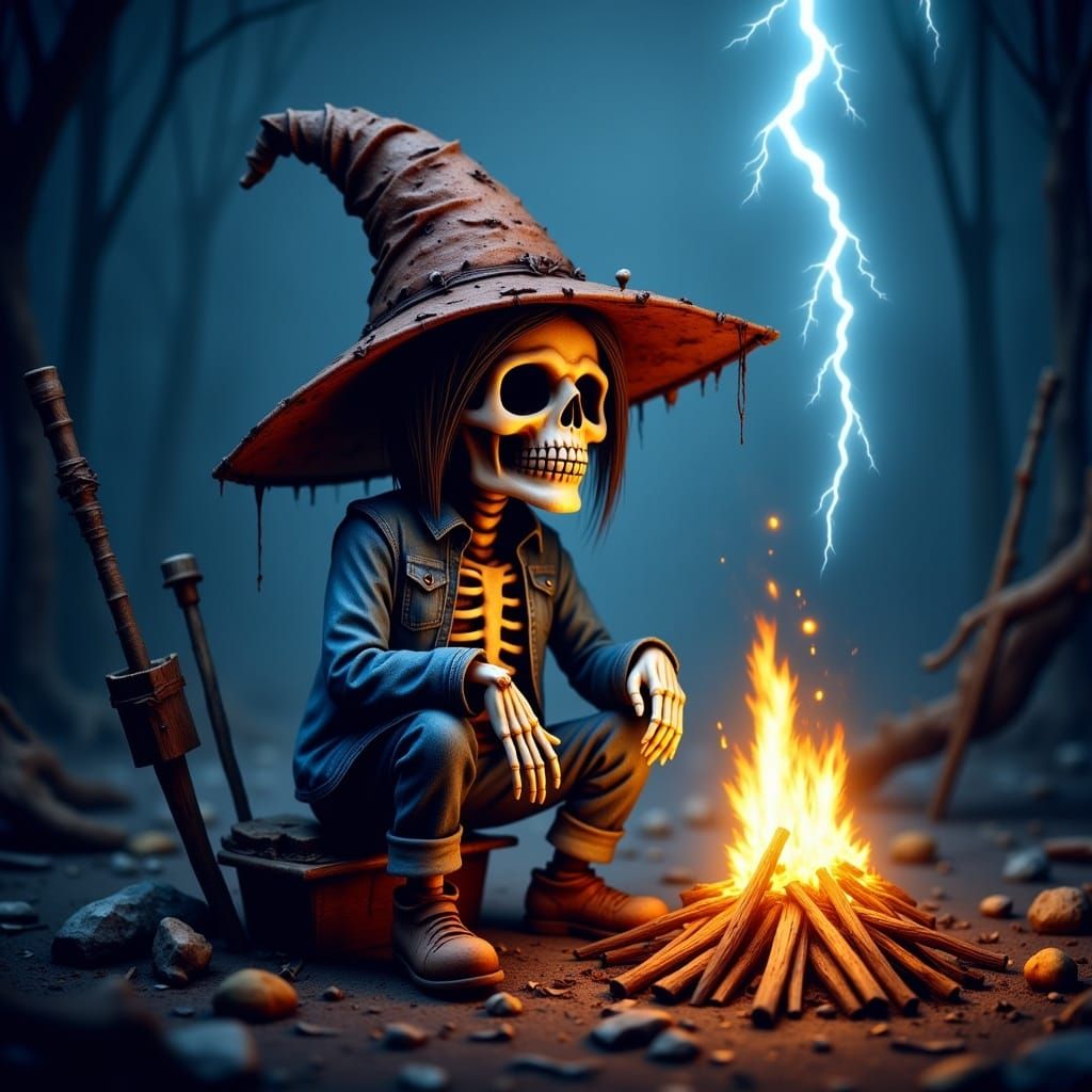 Day of the Dead Skeletal Gnome by Campfire
