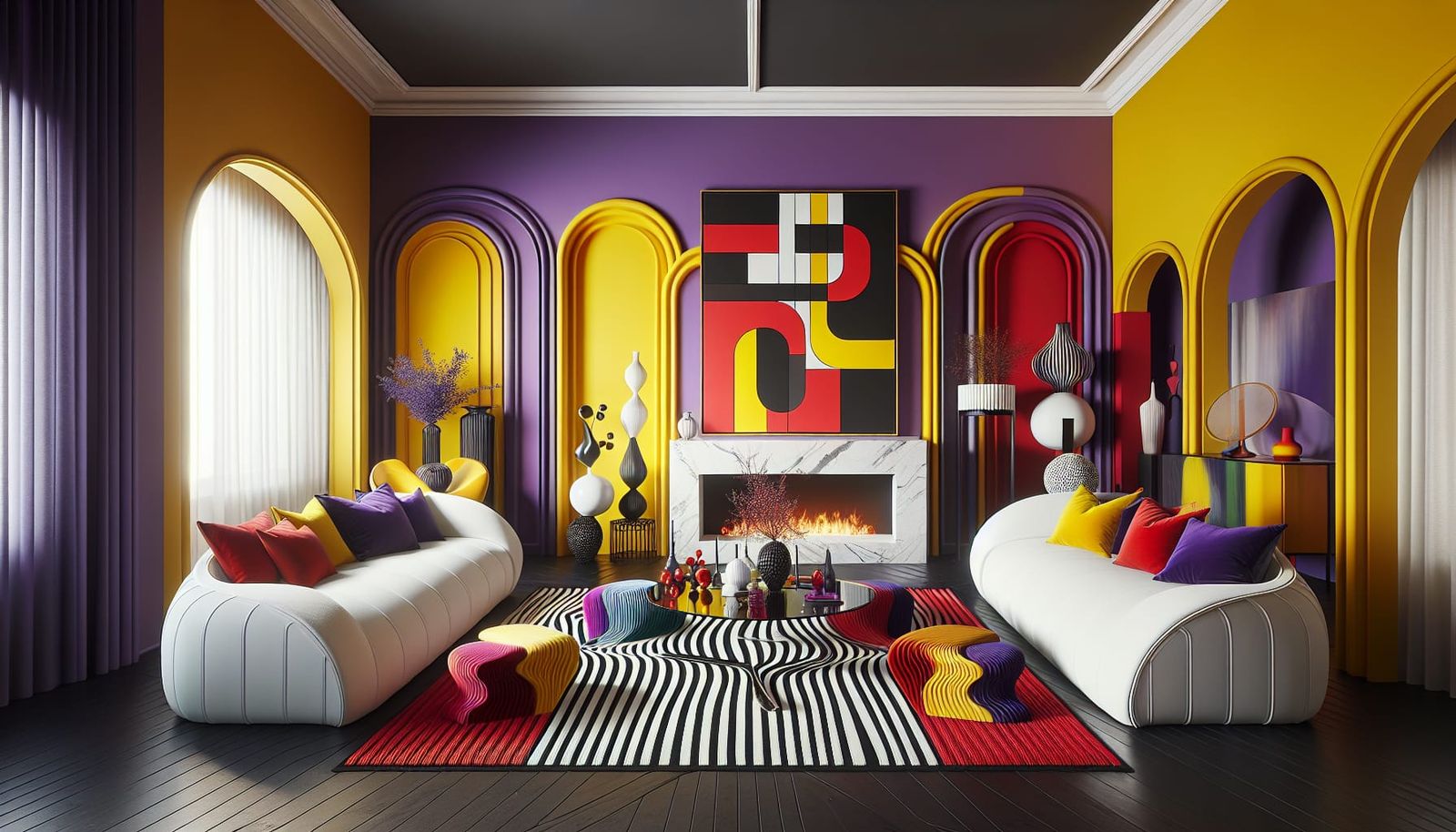 Vibrant Living Room with Bold Color-Blocking Aesthetic