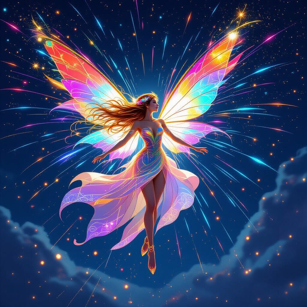 Firework Fairy in Flight, Art Nouveau Style