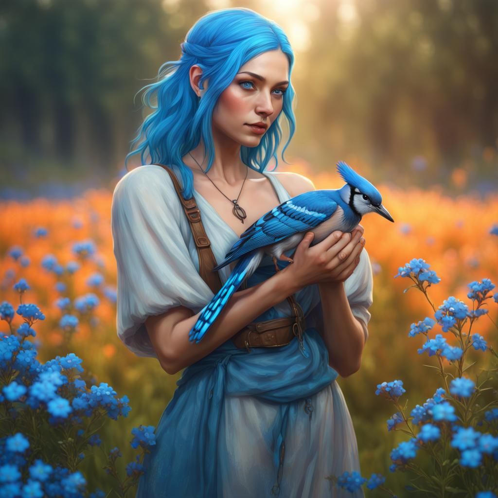 Blue-Haired Woman with Blue Jay, Art Nouveau Style